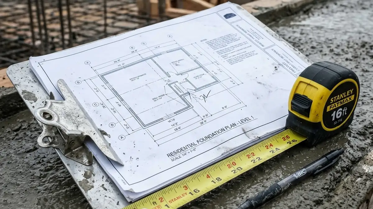 residential concrete contractors reviewing blueprints for a new concrete pour