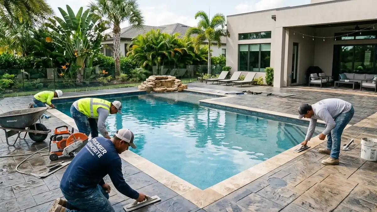 residential concrete contractors expertly finishing a stamped concrete pool deck