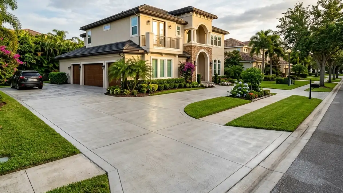 Cinematic view of a beautifully paved concrete driveway in Davie FL showing long-term durability and immense curb appeal for a suburban home.