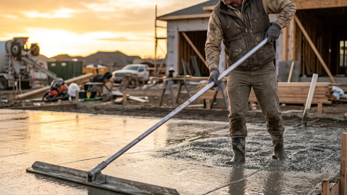 concrete pouring contractor using a bull float to smooth wet concrete surface