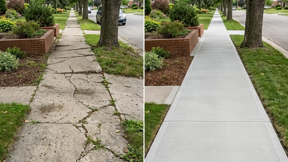 concrete repair near me cracked concrete sidewalk next to a perfectly repaired smooth sidewalk